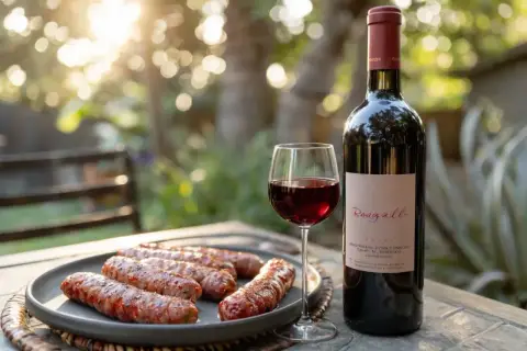 Un verre de vin rouge et des saucisses grillées sur une assiette, avec une bouteille de vin "Roagall" à côté. Parfait pour un repas en plein air.