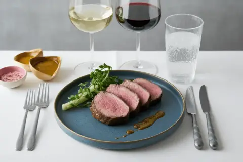 Filet mignon de porc tranché, servi avec des sauces et deux verres de vin. Quel vin avec filet mignon de porc ?