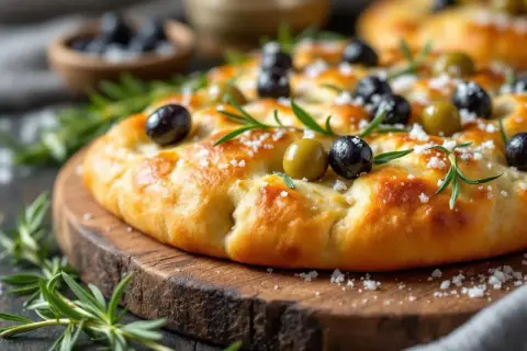 Focaccia moelleuse garnie d'olives noires et vertes, de romarin et de gros sel. Une délicieuse recette de focaccia prête à être dégustée.