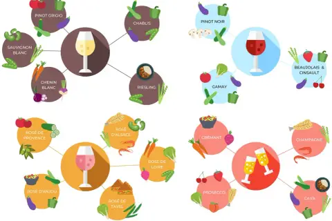 Schéma des vins et accords mets : le Pinot Blanc s'associe bien avec des légumes comme les haricots verts, les tomates et les courgettes.