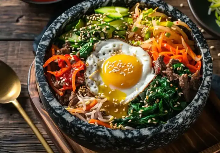 Un bol de bibimbap coloré avec œuf au plat, bœuf, légumes et riz. Une invitation à essayer cette recette !