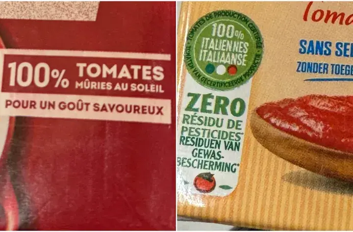 Une cuillère en bois déborde de tomate concassée, promesse d'un goût savoureux. 100% tomates italiennes, sans sel ajouté.