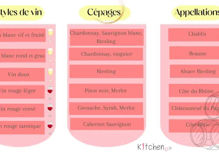 Tableau comparatif des vins : styles, cépages et appellations. Le vin rouge du sud de la France est représenté par des cépages comme le Grenache, Syrah, Merlot et des appellations telles que Châteauneuf du Pape.