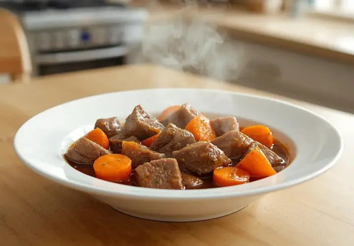 Un plat fumant de boeuf carottes, un classique réconfortant, servi dans une assiette blanche sur une table en bois.