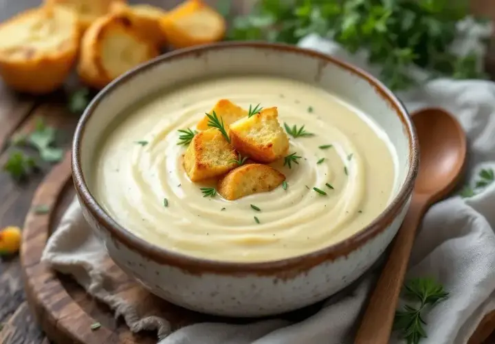 Un bol de soupe crémeuse, garnie de croûtons dorés et d'herbes fraîches. Un délice réconfortant, parfait pour un repas de soupe aux choux.