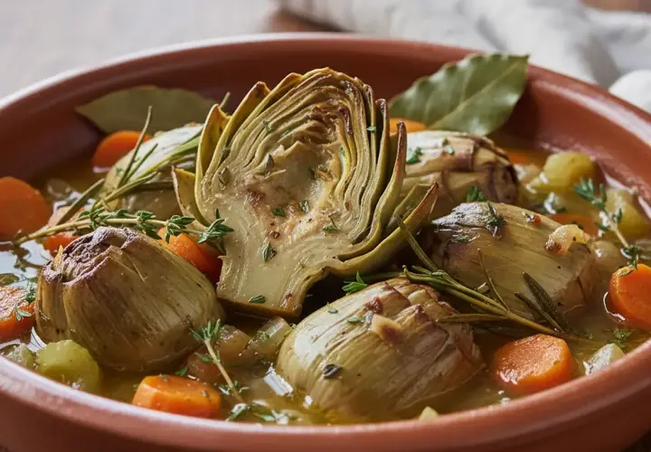Artichauts barigoule mijotés dans un plat en terre cuite avec carottes, herbes et bouillon. Une recette savoureuse et colorée.