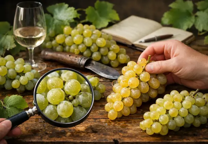 Une main examine une grappe de raisins blancs sous une loupe, à côté d'un verre de vin blanc et d'un carnet. Une liste des cépages blancs est peut-être en cours de rédaction.