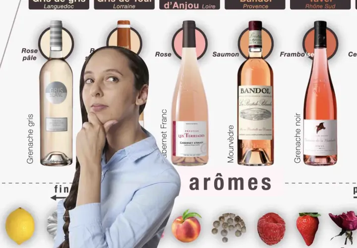Une femme réfléchit devant des bouteilles de vin rosé, cherchant le meilleur rosé de Provence. Citron, pêche, poivre, framboise, fraise, rose.