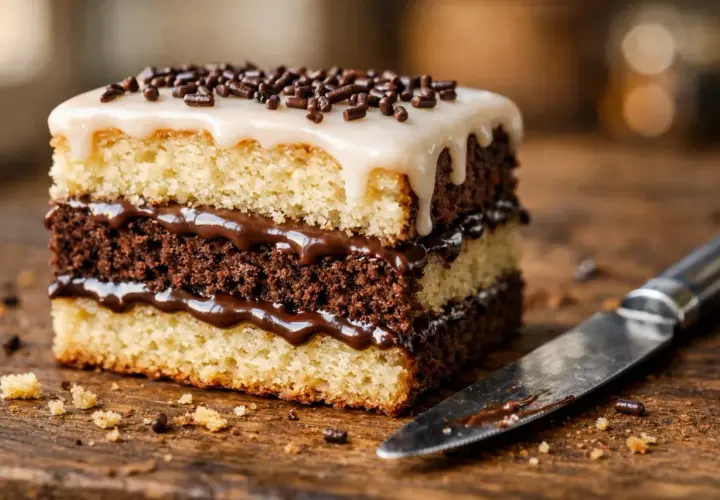 Un délicieux napolitain maison, avec ses couches de génoise et de chocolat, nappé de glaçage blanc et parsemé de vermicelles.