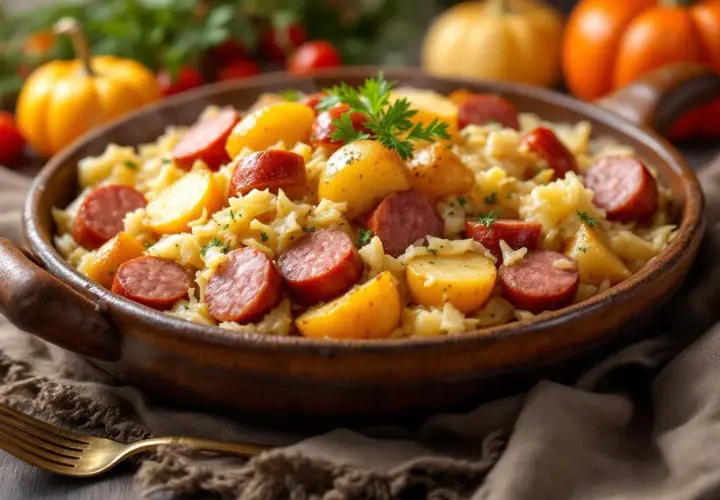 Plat de choucroute facile avec chou cuit, pommes de terre et saucisses, garni de persil. Parfait pour un repas réconfortant.