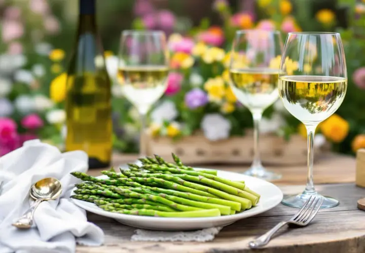 Un plateau d'asperges chaudes attend d'être dégusté avec un verre de vin blanc, dans un cadre floral lumineux.