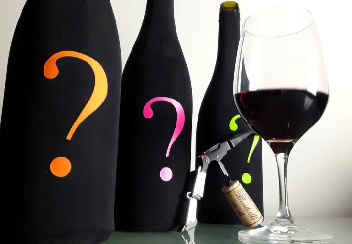 Trois bouteilles mystérieuses, ornées de points d'interrogation colorés, attendent leur dégustation. Un verre de Bourgogne rouge est prêt, suggérant un temps de garde prometteur.