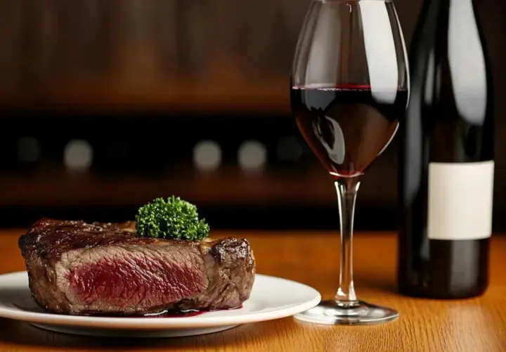 Un savoureux steak de vin cœur de bœuf, garni d'une touche de verdure, accompagné d'un verre de vin rouge et d'une bouteille.