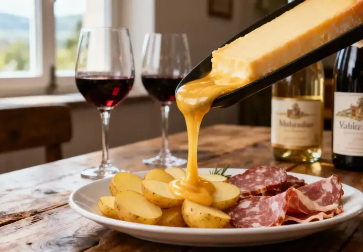 Un délicieux raclette coulant sur des pommes de terre et de la charcuterie, accompagné d'un verre de vin rouge. Parfait pour une soirée d'hiver.