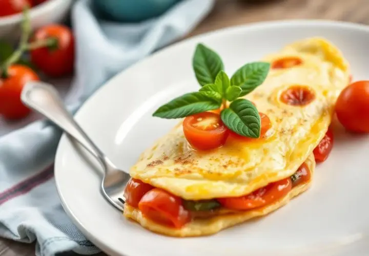 Délicieuse omelette tomate garnie de basilic frais, prête à être dégustée.