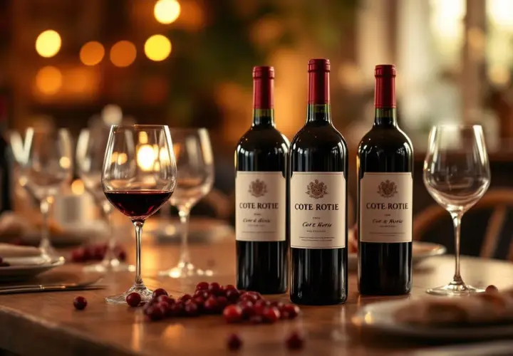 Trois bouteilles de vin rouge Côte Rôtie, un verre déjà servi, et des baies rouges sur une table en bois. Un millésime d'exception pour une dégustation parfaite.
