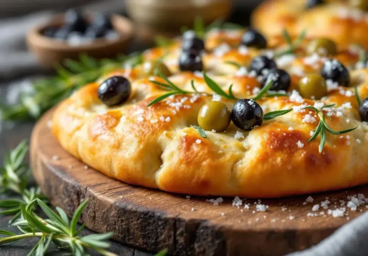 Focaccia moelleuse garnie d'olives noires et vertes, de romarin et de gros sel. Une délicieuse recette de focaccia prête à être dégustée.