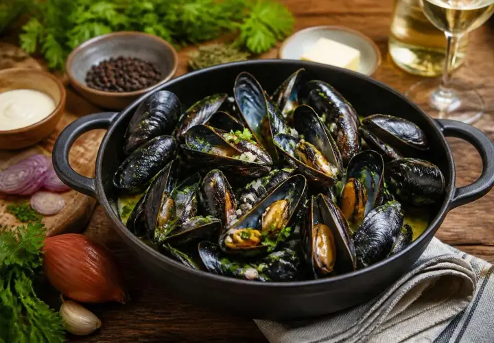 Un plat fumant de moules marinières, prêt à être dégusté. Une recette simple et savoureuse.