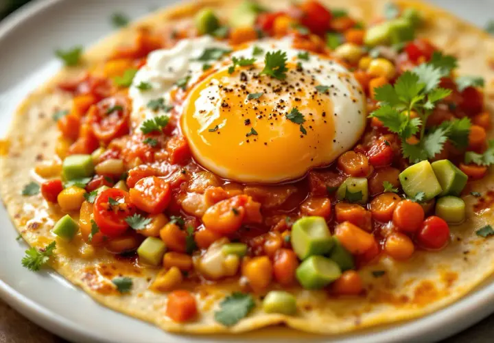Un plat de huevos rancheros avec un œuf au plat coulant sur une tortilla garnie de tomates, d'avocat et de coriandre.