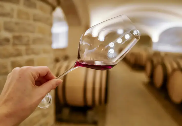 Verre de vin rouge dans une cave bourguignonne, avec des tonneaux en arrière-plan. Un tableau des millésimes bourgogne à découvrir.
