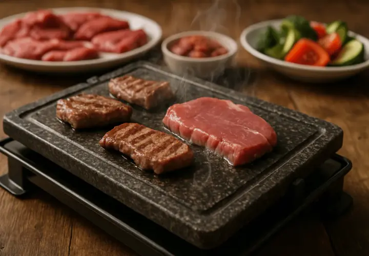 Viande crue et grillée sur une pierrade fumante. Une question se pose : quel vin avec une pierrade ? Accompagné de légumes et de sauce.