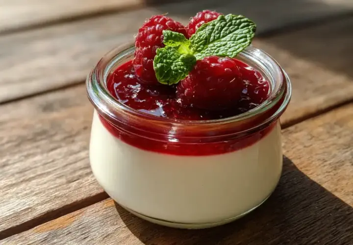 Délicieuse panna cotta à l'agar agar, garnie de framboises fraîches et d'une touche de menthe, dans un pot en verre sur fond de bois.