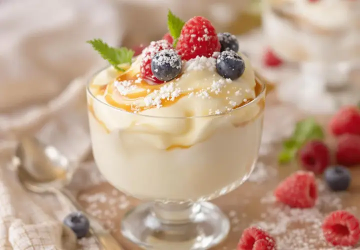 Crème Chiboust onctueuse, garnie de fruits rouges frais, de coulis caramel et saupoudrée de sucre glace. Un délice visuel et gustatif.