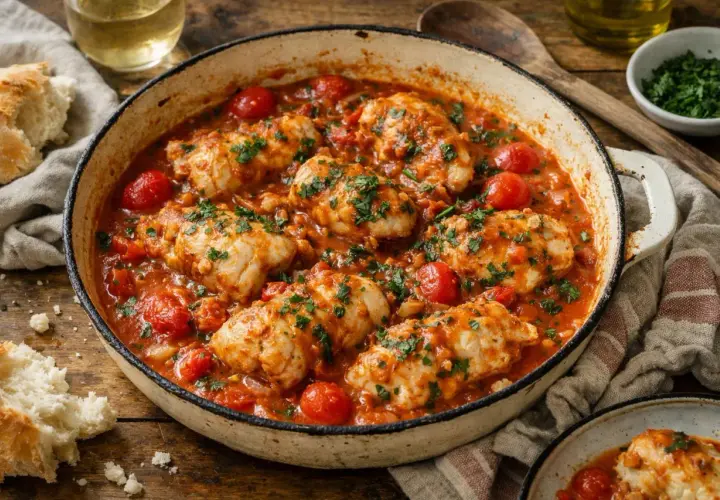 Un plat de lotte au four mijotant dans une sauce tomate avec des tomates cerises, garni de persil frais. Du pain croustillant est à côté.