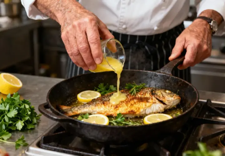 Un chef arrose un filet de loup doré dans une poêle avec une sauce au citron et aux herbes.