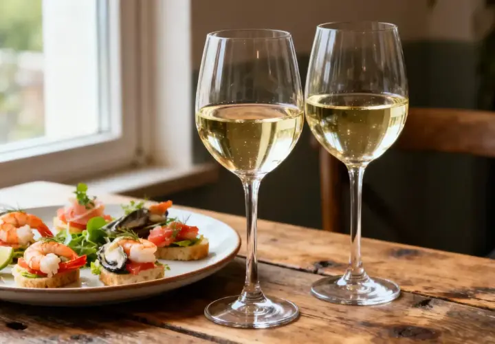Deux verres de vin corse blanc pétillant, accompagnés de délicieux toasts aux fruits de mer et d'une tranche de citron vert.