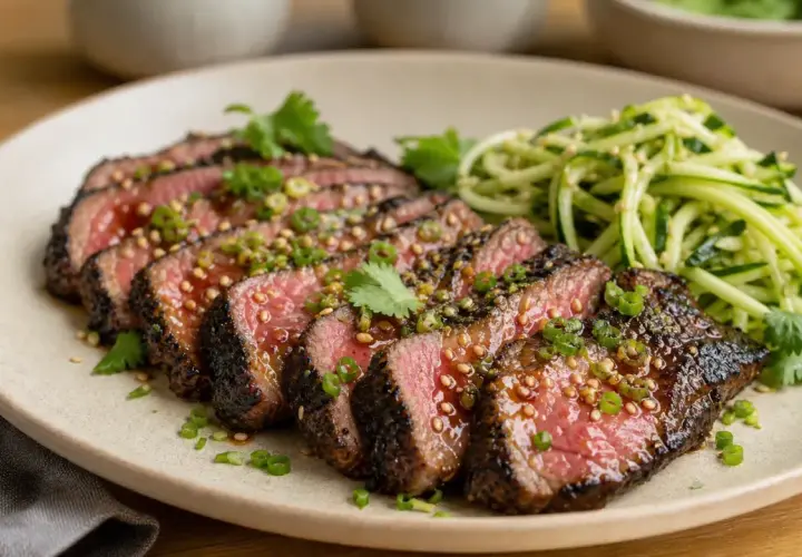 Tranches de tataki de boeuf, grillées et juteuses, garnies de graines de sésame et de ciboule, servies avec une salade de concombre croquante.