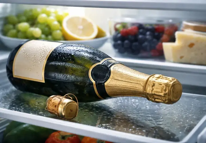 Bouteille de champagne givrée dans un réfrigérateur, avec des fruits et du fromage. Combien de temps se conserve le champagne ? La réponse est dans le froid.