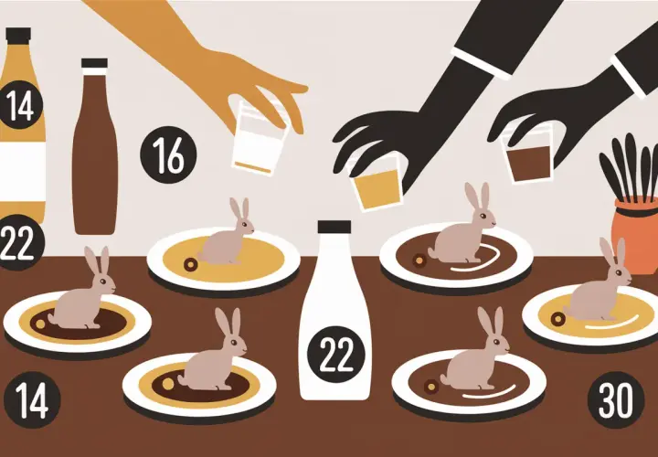 Des lapins en sauce sur des assiettes, accompagnés de bouteilles et de verres. Une question se pose : que boire avec du lapin en sauce ?