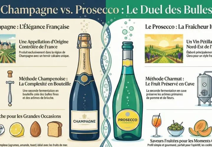 Le Champagne, un vin français d'exception, et le Prosecco, vin pétillant italien. Comparaison des méthodes et saveurs.