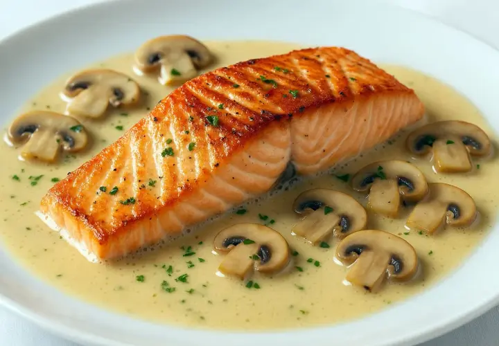 Un filet de saumon grillé, nappé d'une sauce crémeuse et garni de champignons. Un accompagnement parfait pour un saumon au champagne.