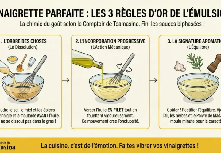 Recette vinaigrette moutarde : 3 étapes pour une émulsion parfaite. Dissoudre, incorporer l'huile en filet, puis ajuster les arômes.