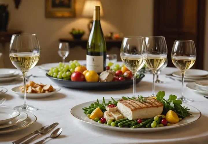 Un dîner élégant avec un plat de poisson grillé, des légumes verts, des fruits frais, et une bouteille de Chablis, parfait pour accompagner un foie gras.