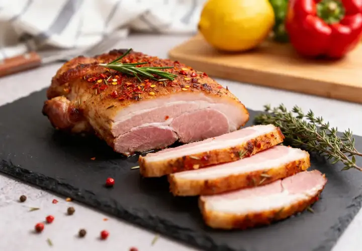 Un rôti de porc juteux, tranché, assaisonné d'épices et de romarin. Une recette de pluma de porc à essayer !