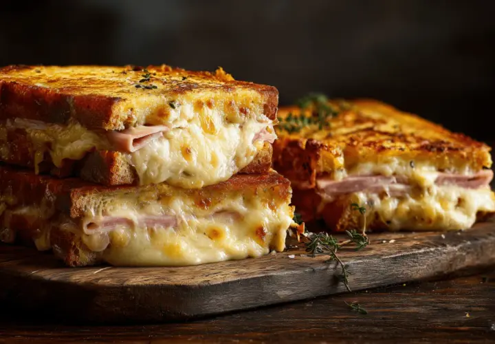 Deux croque monsieur au four empilés, leur fromage fondant dégouline sur du pain grillé doré. Un délice réconfortant.