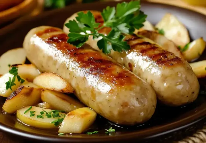 Deux saucisses blanches grillées, accompagnées de pommes de terre rôties et de persil frais. Un plat savoureux, quelle pomme avec boudin blanc !