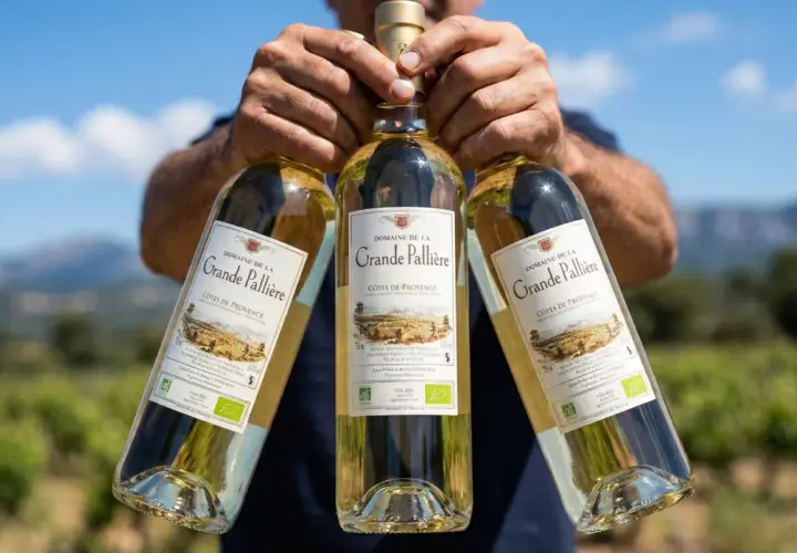 Trois bouteilles de vin blanc de la Grande Pallière, Côtes de Provence. Un vin blanc lichette sec ou moelleux, parfait pour l'été.