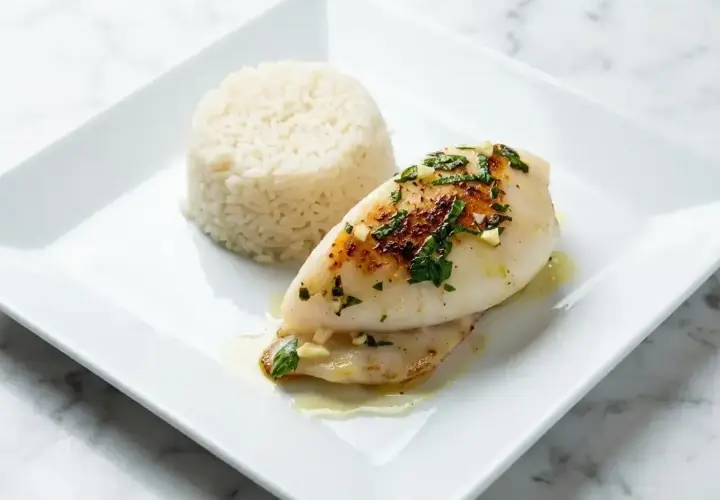 Seiche à la plancha, dorée et garnie d'herbes fraîches, servie avec une portion de riz blanc. Un plat simple et savoureux.