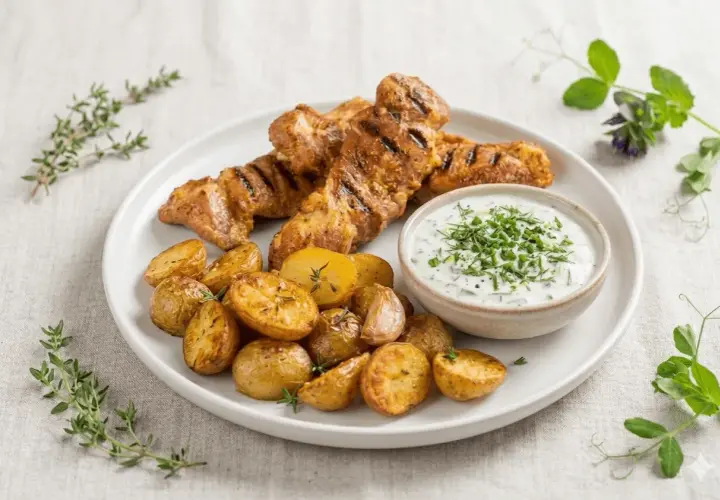 Brochettes d'araignée de porc grillées, pommes de terre rôties et sauce crémeuse aux herbes. Une recette gastronomique savoureuse.