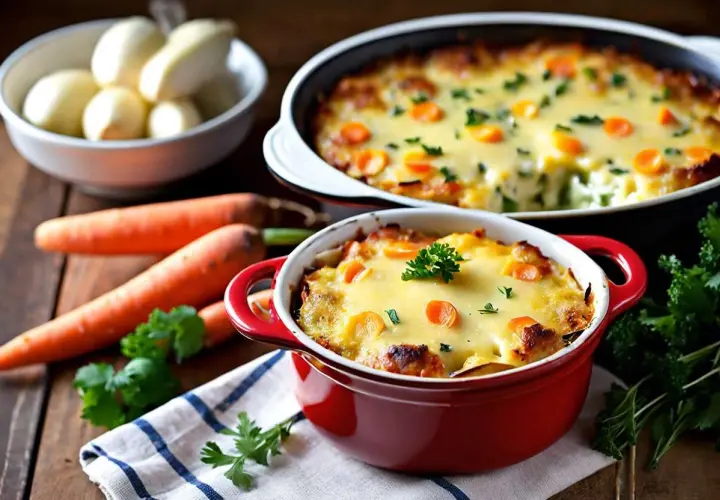 Délicieuse recette cocotte individuelle gratinée, garnie de carottes et persil frais. Un plat réconfortant.