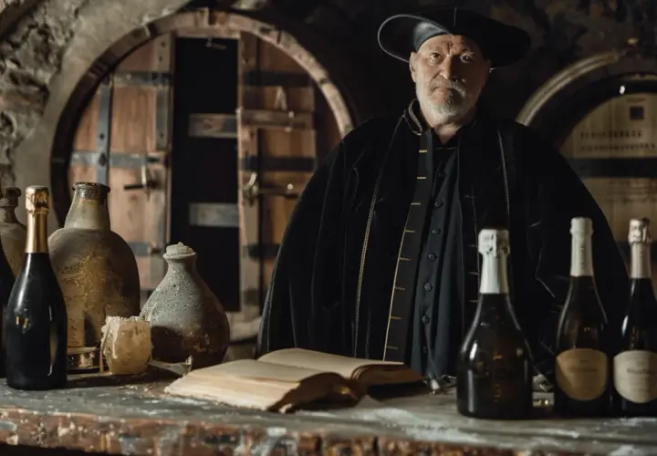 Un homme en habit d'époque, peut-être celui qui a créé le champagne, pose devant des bouteilles et des tonneaux anciens.