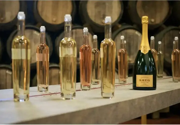 Bouteilles de champagne alignées, prêtes pour la production de champagne en France. Au fond, des tonneaux de vieillissement.