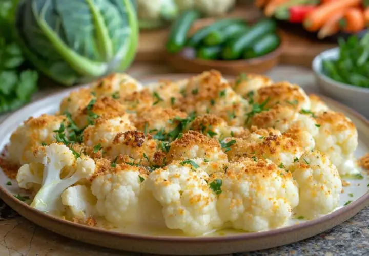 Choux fleur au four à la crème, gratiné avec une chapelure dorée et persil frais. Un délice crémeux et croustillant.
