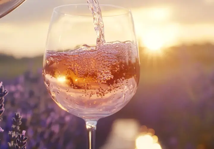 Verre de vin blanc rosé, pétillant, versé au coucher du soleil dans un champ de lavande. Douceur et légèreté, sans tanin.