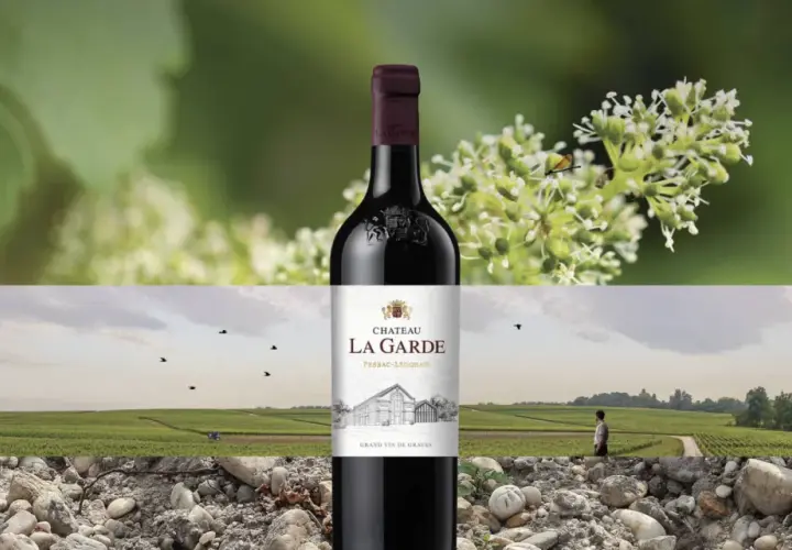 Bouteille de vin rouge Château La Garde, Pessac-Léognan. Paysage de vignes et de graviers.