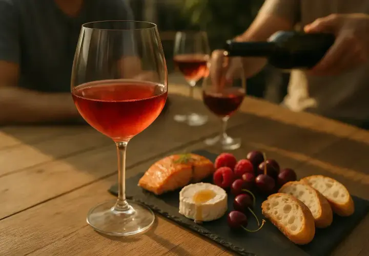 Un verre de vin rouge léger, du saumon, du fromage, des fruits et du pain sur une table en bois.